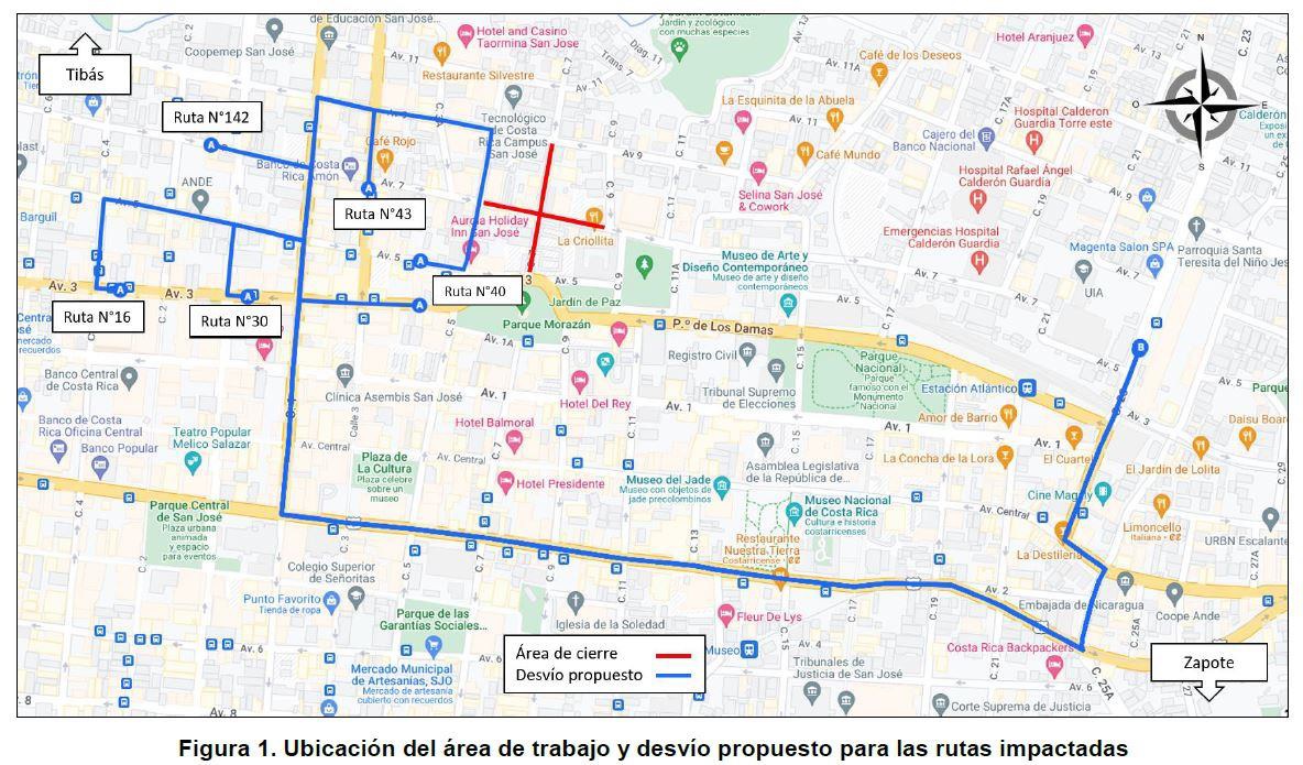 Ubicación del área de trabajo y desvío propuesto para las rutas impactadas