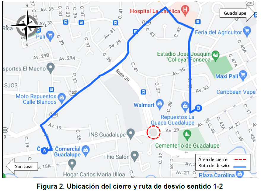 Croquis de la ubicación del cierre y ruta de desvío sentido 1-2