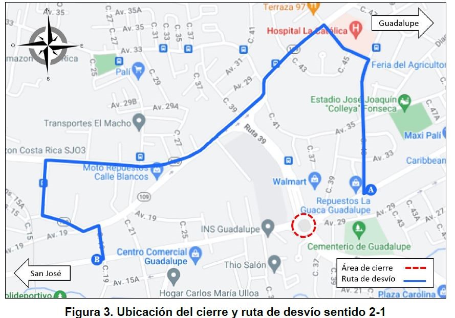 Croquis de la ubicación del cierre y ruta de desvío sentido 2-1