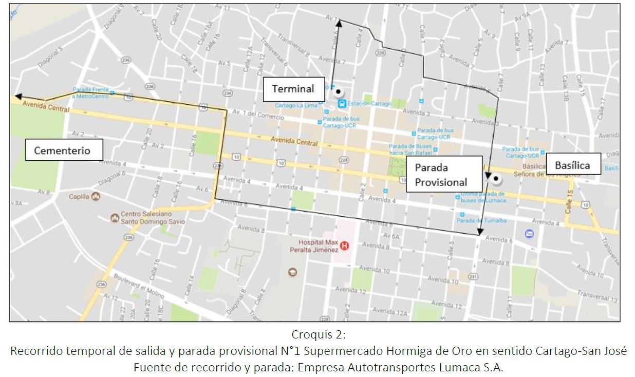 Imagen de croquis del recorrido temporal uno, sentido Cartago San José