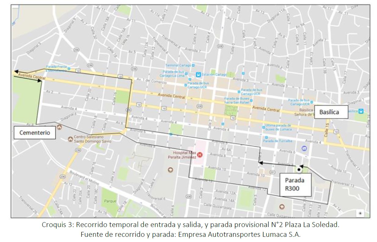 Imagen de croquis del recorrido temporal de entrada y salida y parada provisional Plaza La Soledad